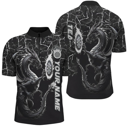 Individuelles Schwarz Weiß Großes Drachen Dart Herren Shirt mit Viertelreißverschluss, Team Liga Dart Trikot TDM3007