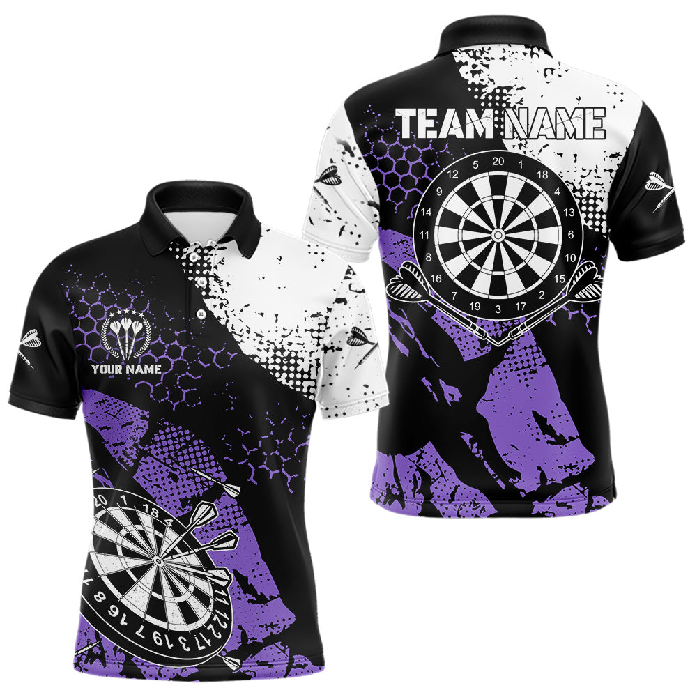 Individuelles Retro-Schwarz-Lila-Grunge-Muster-Dart-Poloshirt für Herren, Dart-Teamtrikot TDM3593