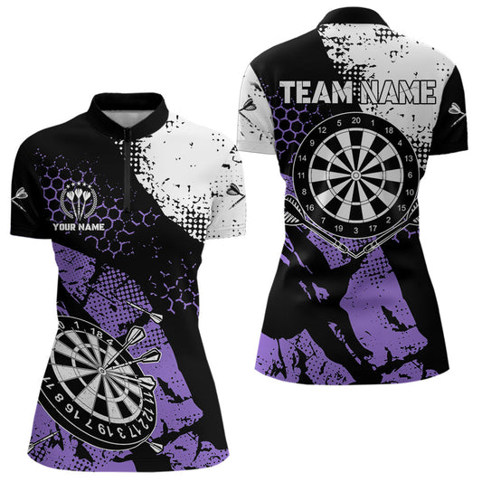 Individuelles Retro Schwarz-Lila Grunge Muster Darts Damen Quarter Zip Shirt, Dart Trikot Team TDM3593