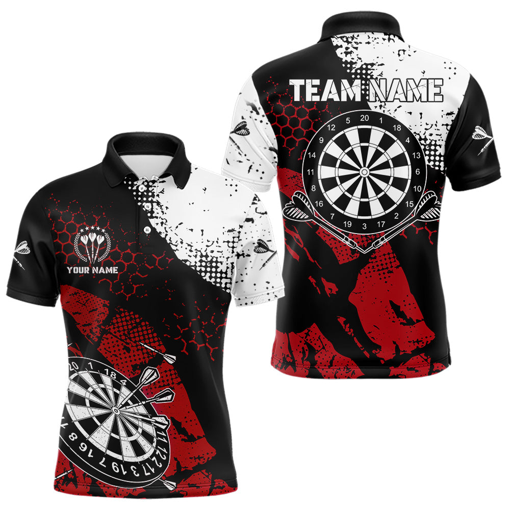 Individuelles Retro-Schwarz-Rot-Grunge-Muster-Dart-Poloshirt für Herren, Dart-Teamtrikot TDM3594