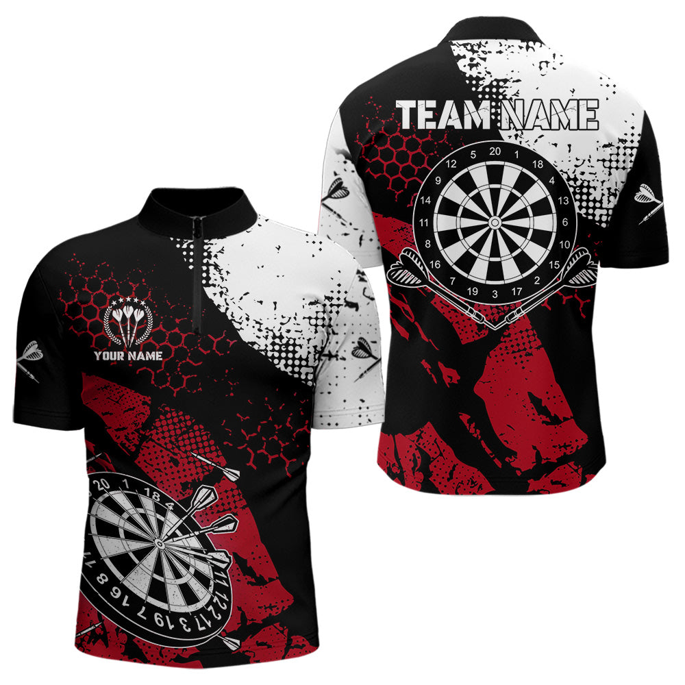 Individuelles Retro Schwarz Rot Grunge Muster Dart Viertelreißverschluss Herren Shirt, Dart Trikot Team TDM3594