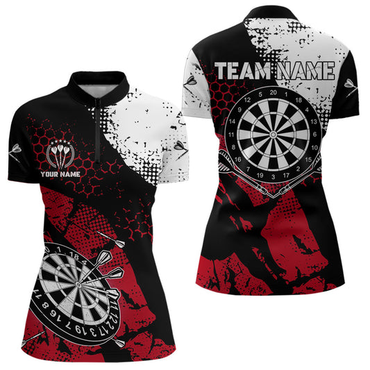 Individuelles Retro Schwarz-Rot Grunge Muster Darts Damen Quarter Zip Shirt, Dart Trikot Team TDM3594