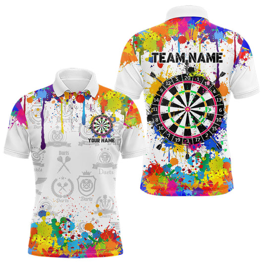 Lustige Dartbrett Bunte Spritzer Individuelle Dart Poloshirts Für Herren, Weiße Dart-Teamtrikots TDM3755