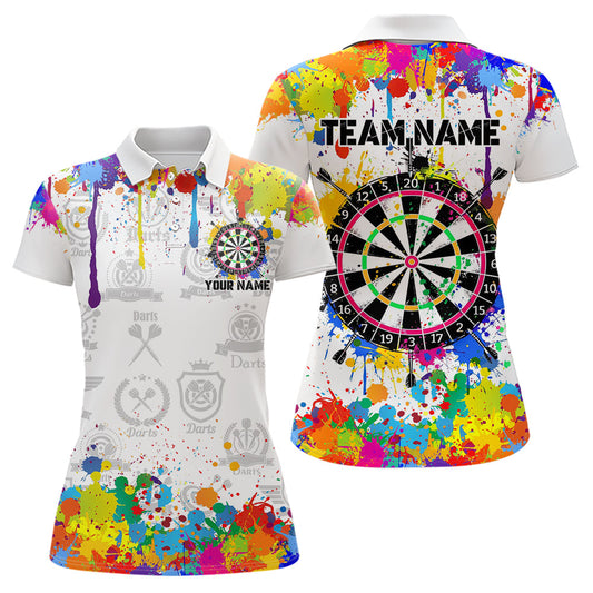 Lustige Dartbrett Bunte Spritzer Individuelle Dart-Poloshirts für Damen, Weiße Team Dart-Trikots TDM3755