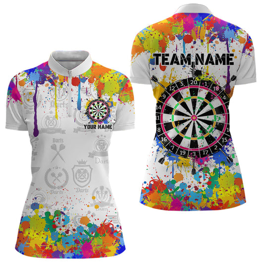 Lustiges Dartbrett Bunter Spritzer Individuelle Dart Damen Quarter Zip Shirts, Weiße Team Dart Trikots TDM3755
