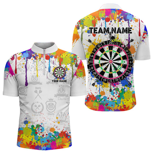 Lustige Dartboard Bunte Spritzer Individuelles Dart Viertelreißverschluss Shirts Herren, Weiße Team Dart Trikots TDM3755