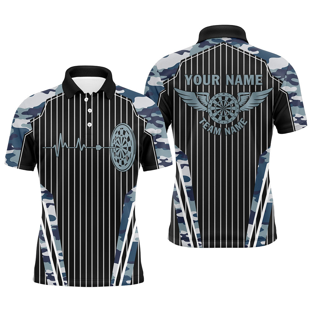 Individuelles Blaues Camouflage-Dartbrett-Puls-Herzschlag-Dart-Poloshirt für Herren, Lustiges Darttrikot TDM2788