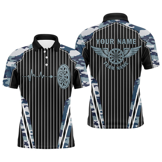 Individuelles Blaues Camouflage-Dartbrett-Puls-Herzschlag-Dart-Poloshirt für Herren, Lustiges Darttrikot TDM2788