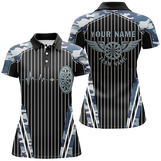 Individuelles Blaues Camo Dartboard Puls Herzschlag Dart Poloshirt für Damen, Lustiges Dart Trikot TDM2788