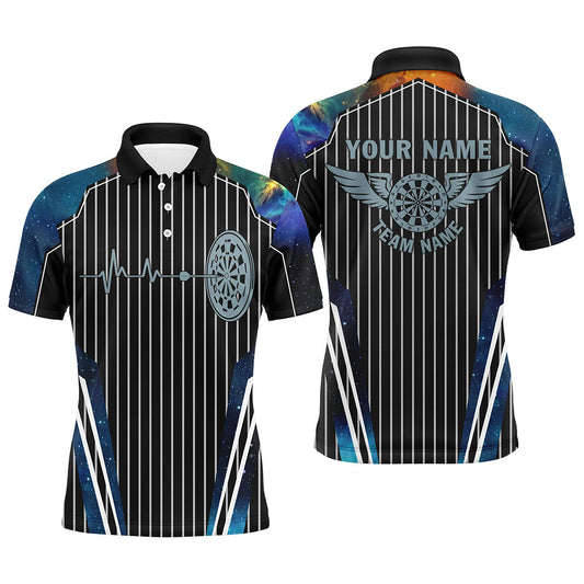 Individuelles Blaues Galaxie-Dartbrett-Puls-Herzschlag-Dart-Poloshirt für Herren, Lustiges Darttrikot TDM2789