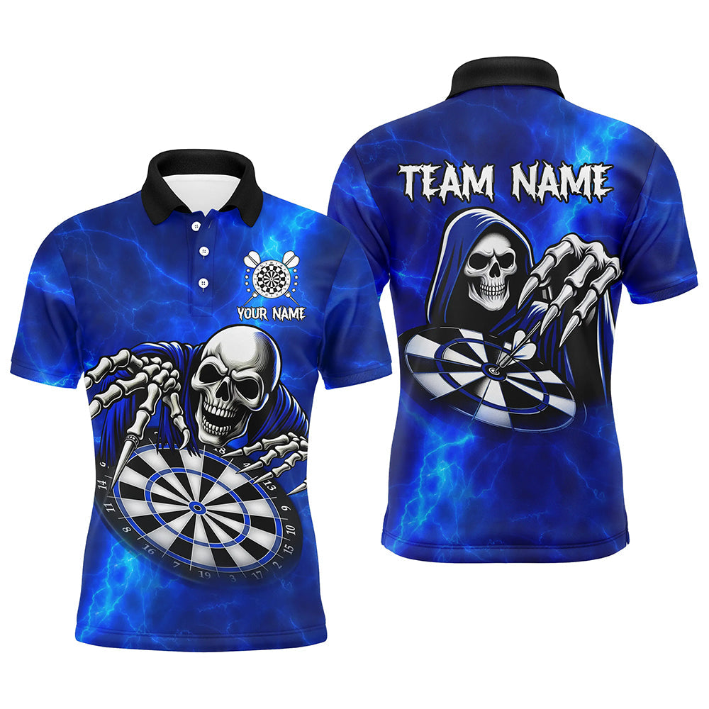 Individuelles blaues Totenschädel-Dart-Poloshirt für Herren, Totenkopf-Darttrikot TDM3018