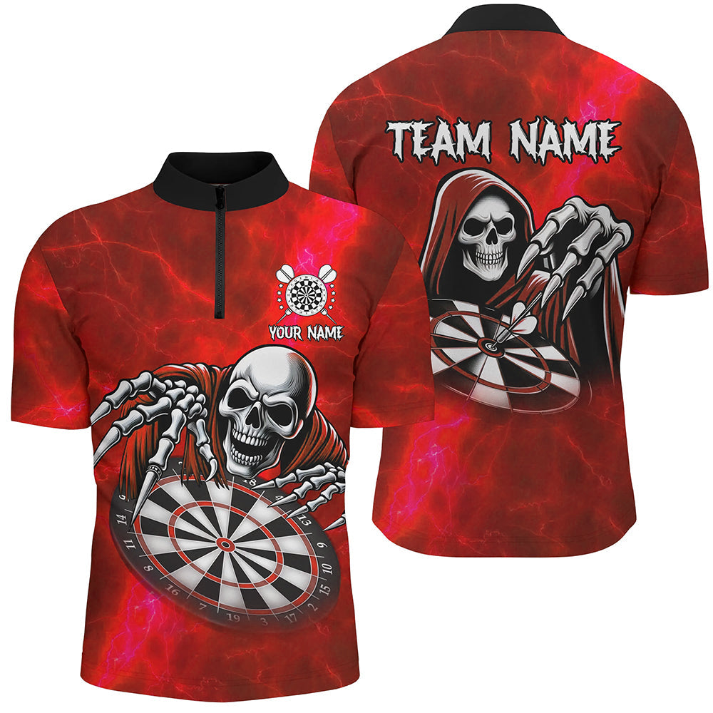 Individuelles Rotes Todesskelett Dart Herren Shirt mit Viertelreißverschluss, Skull Dart Trikot TDM3019
