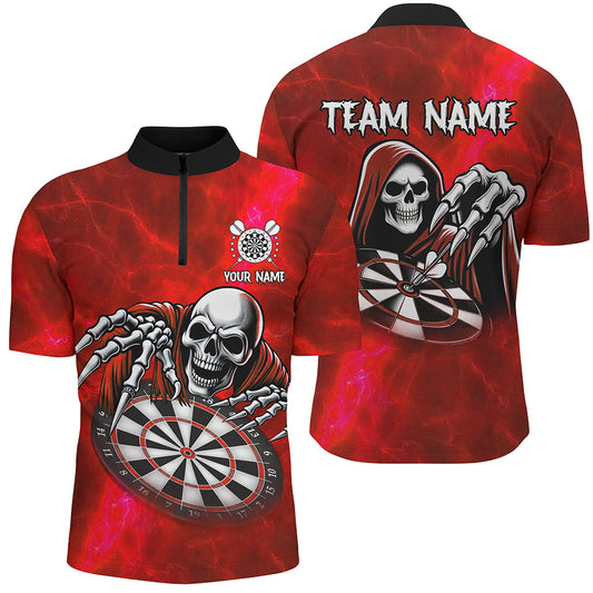 Individuelles Rotes Todesskelett Dart Herren Shirt mit Viertelreißverschluss, Skull Dart Trikot TDM3019