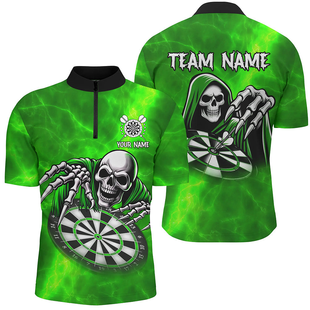 Individuelles Grünes Todesskelett Dart Herren Shirt mit Viertelreißverschluss, Skull Dart Trikot TDM3020