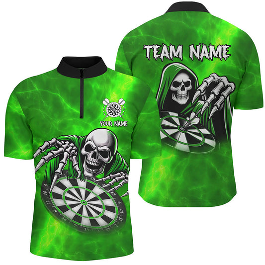 Individuelles Grünes Todesskelett Dart Herren Shirt mit Viertelreißverschluss, Skull Dart Trikot TDM3020