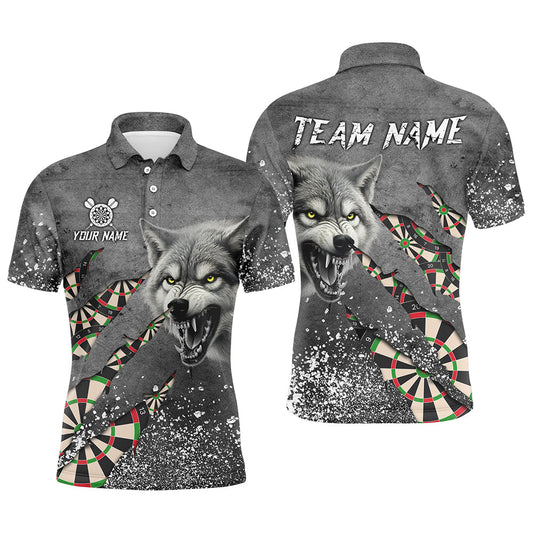 Personalisierte Graue Grunge Wolf Herren Dartshirts, Darts Liga Teamshirts Coole Darttrikots TDM3317