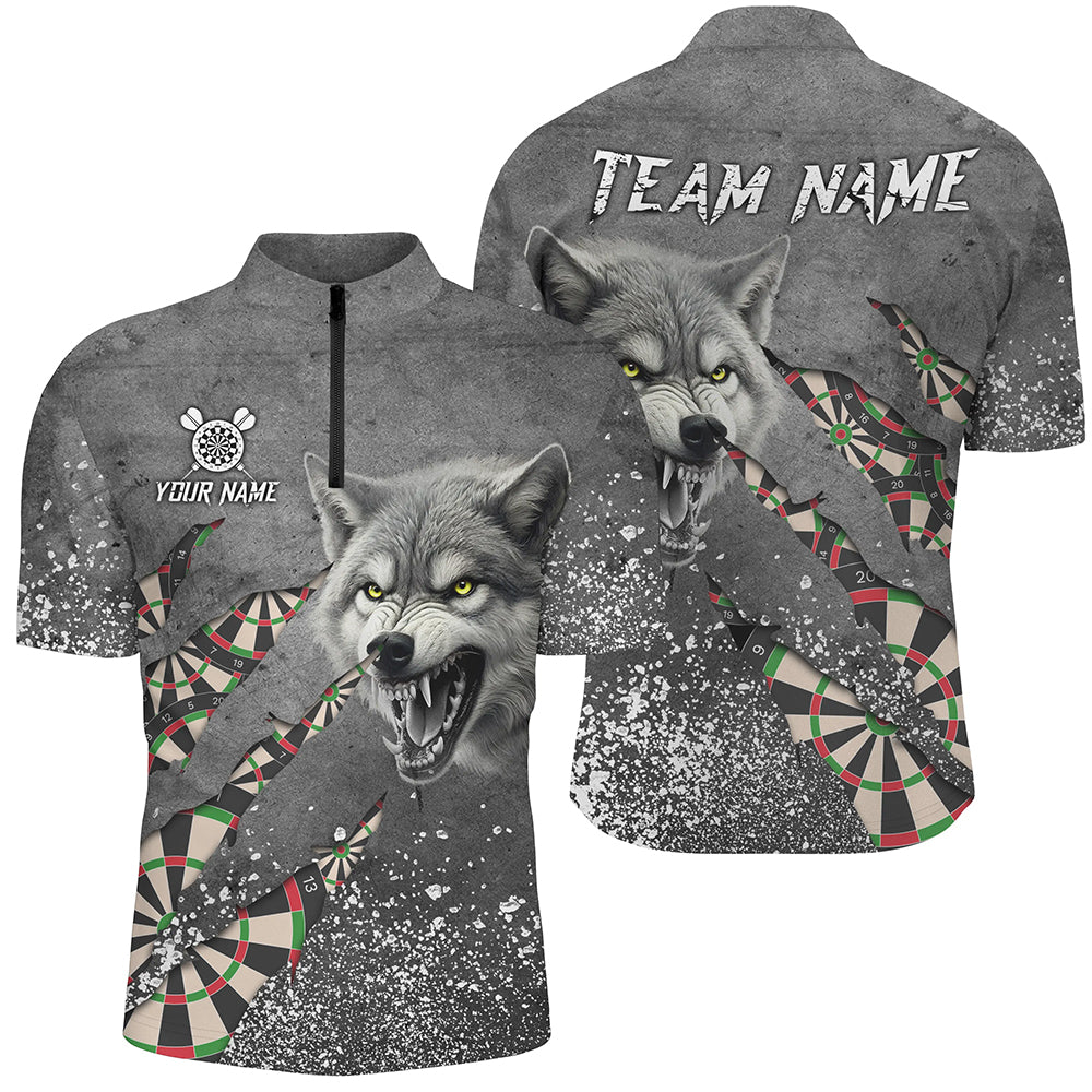 Personalisierte Graue Grunge Wolf Herren Dartshirts, Darts Liga Teamshirts Coole Darttrikots TDM3317