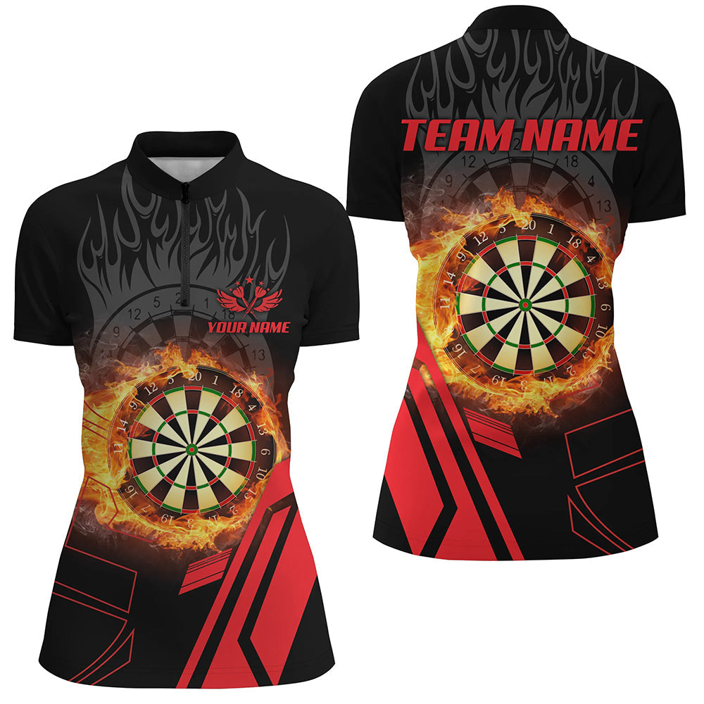 Individuelles Dartboard Rote Feuerflamme Damen Quarter Zip Shirt, Geschenke Für Dartspieler TDM1276