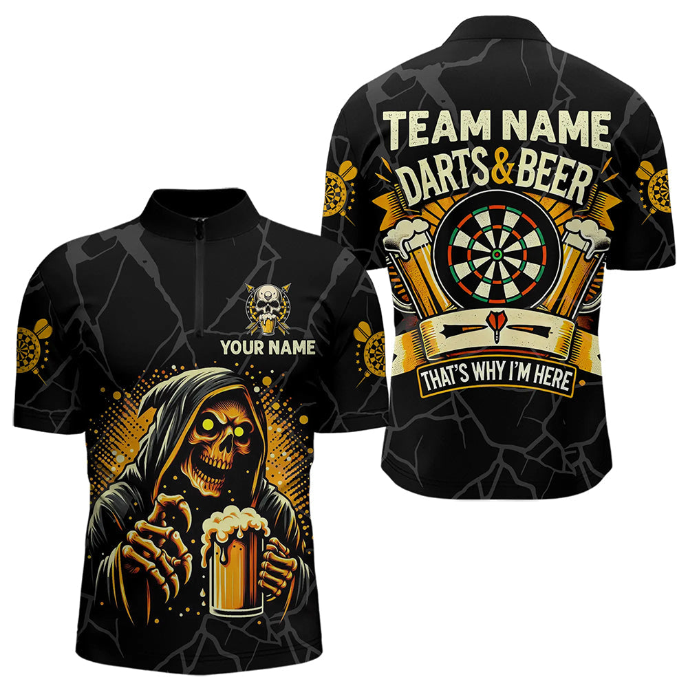 Darts und Bier Das ist, warum ich hier bin Individuelles Viertelreißverschluss Herren Shirt, Trink Dart Trikot TDM3461
