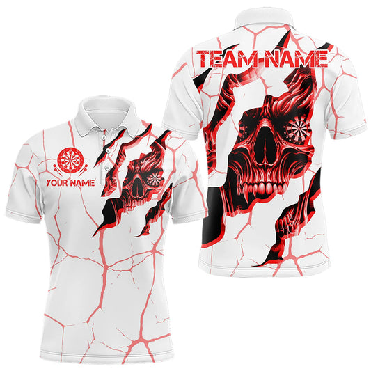 Individuelle Schädel weiß-rot Grunge-Dart-Poloshirts für Herren, Dart-Teamtrikot TDM3467