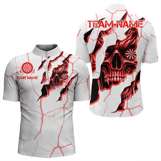 Individuelles Skull Weiß Rot Grunge Dart Viertelreißverschluss Herren Shirt, Dart Trikot Team TDM3467