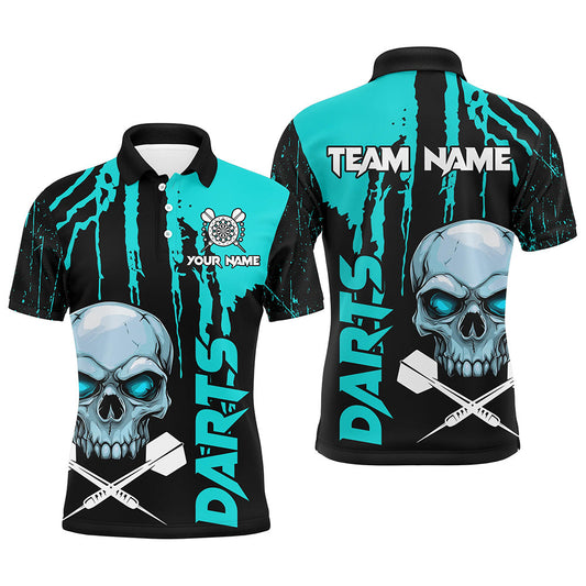 Individuelles türkisfarbenes Grunge-Totenschädel-Dart-Poloshirt für Herren, gruseliges Dart-Team-Outfit TDM2796