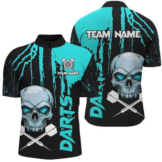 Individuelles Türkises Grunge Skull Dart Herren Shirt mit Viertelreißverschluss, Gruseliges Dart Team Outfit TDM2796