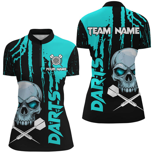 Individuelles Türkises Grunge Totenkopf Dart Damen Quarter Zip Shirt, Gruseliges Dart Team Outfit TDM2796