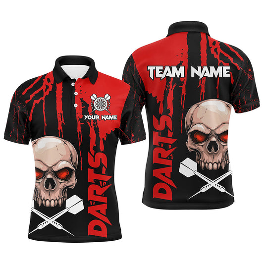 Individuelles rotes Grunge-Totenschädel-Dart-Poloshirt für Herren, gruseliges Dart-Team-Uniform TDM2797