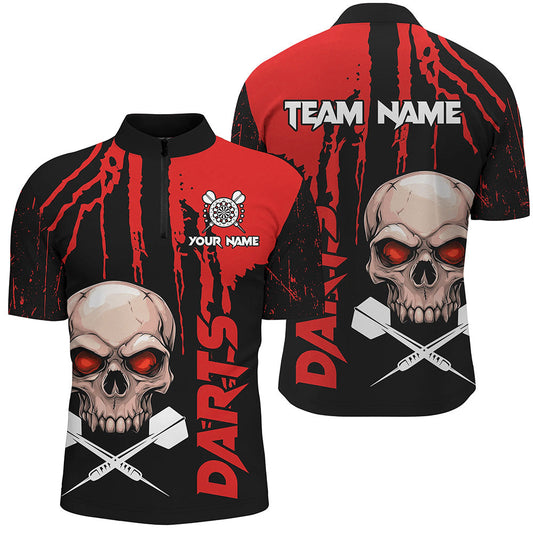 Individuelles Rotes Grunge Skull Dart Herren Shirt mit Viertelreißverschluss, Gruseliges Dart Trikot Team Uniform TDM2797