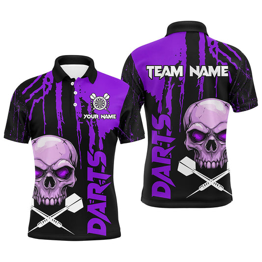 Individuelles lila Grunge-Totenschädel-Dart-Poloshirt für Herren, gruseliges Dart-Team-Outfit TDM2798