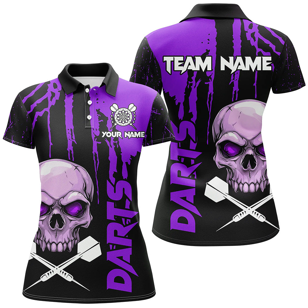 Individuelles Lila Grunge Skull Dart Poloshirt für Damen, Gruseliges Dart Trikot Team Outfit TDM2798