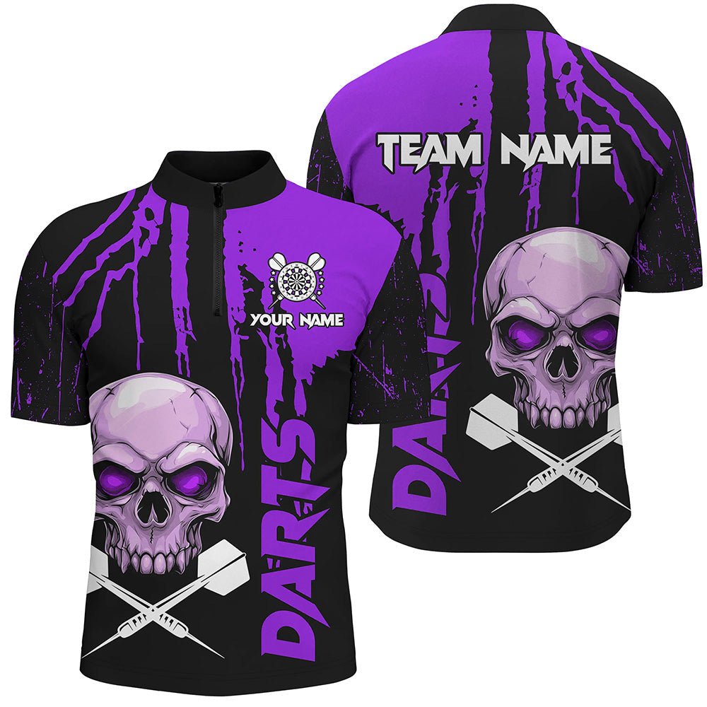 Individuelles Lila Grunge Skull Dart Herren Shirt mit Viertelreißverschluss, Gruseliges Dart Trikot Team Outfit TDM2798