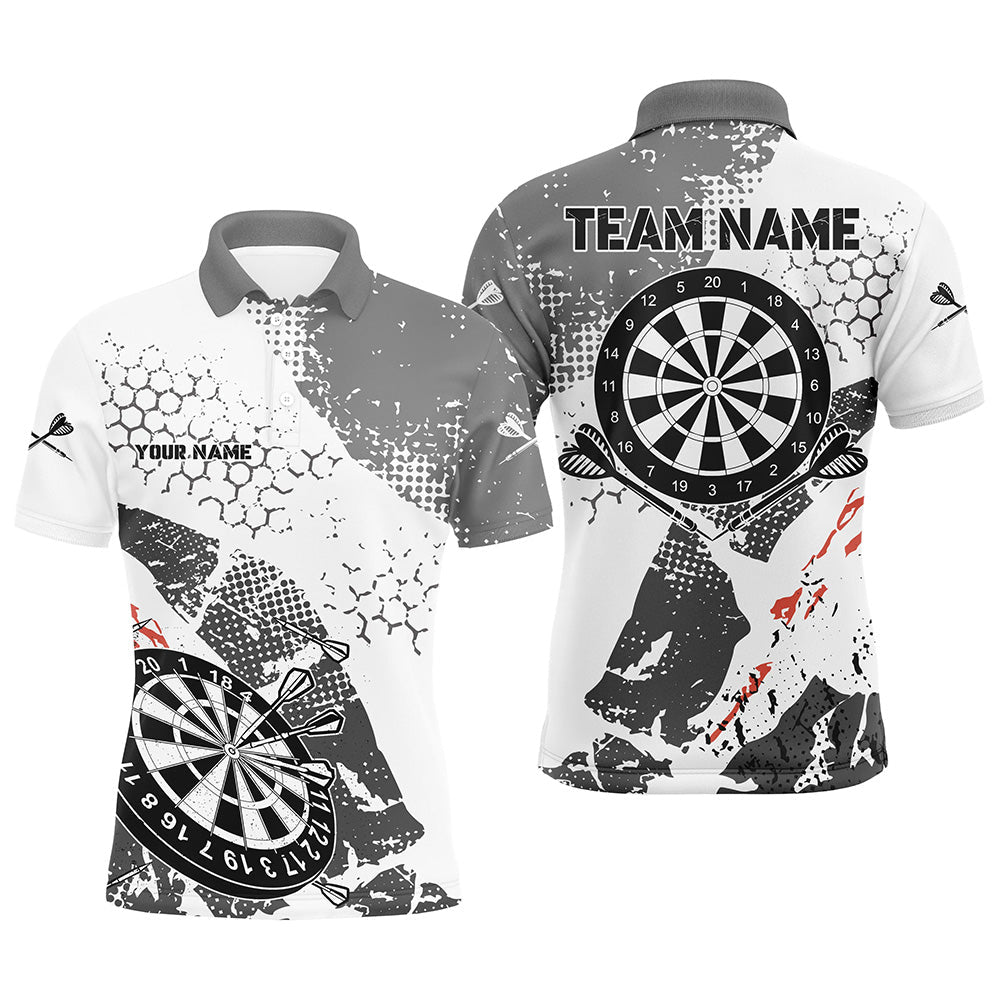 Individuelles Retro Graues Weißes Muster Herren Poloshirt, Grunge Darts-Teamtrikot TDM2562