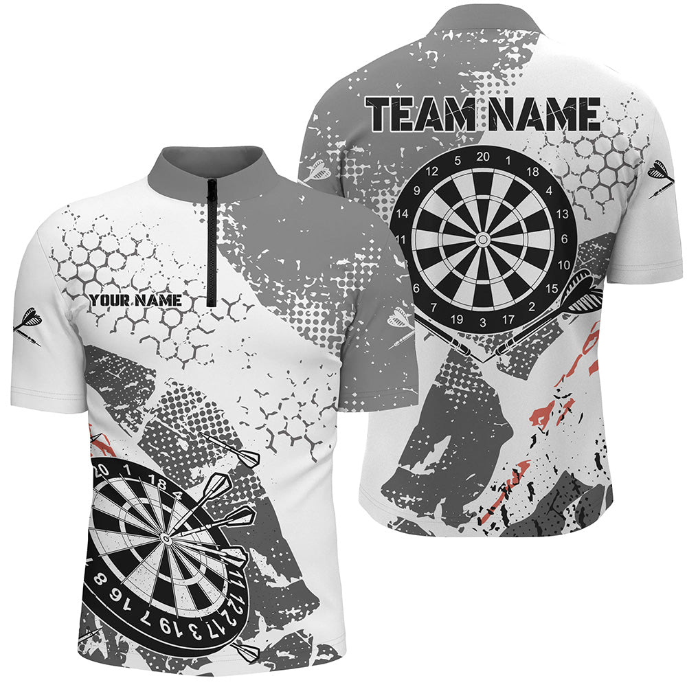 Individuelles Retro Grau Weiß Muster Herren Shirt mit Viertelreißverschluss, Grunge Darts Team Trikot TDM2562