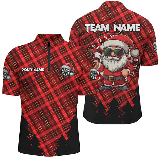 Individuelles Lustiger Santa Rotes Karo Muster Dart Herren Shirt mit Viertelreißverschluss, Weihnachts Dart Trikot TDM2808