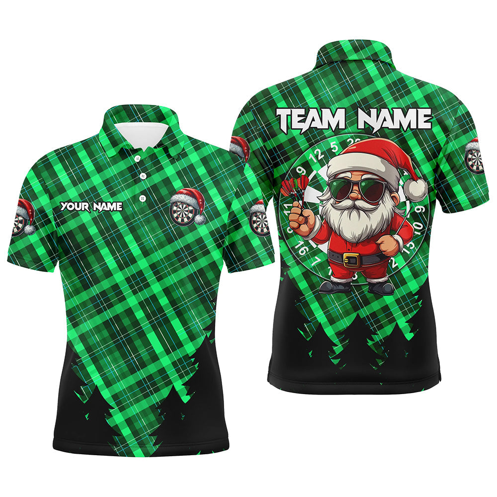 Individuelles lustiges Weihnachts-Santa-grünes Karomuster-Dart-Poloshirt für Herren, Darttrikot TDM2809