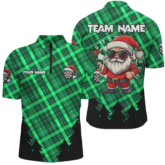 Individuelles Lustiger Weihnachts Santa Grünes Karo Muster Dart Herren Shirt mit Viertelreißverschluss, Dart Trikot TDM2809