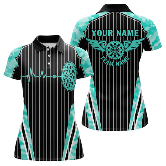 Individuelles Türkises Tarnmuster Dartbrett Puls Herzschlag Poloshirt für Damen, Lustiges Flügel-Dart-Trikot TDM3618