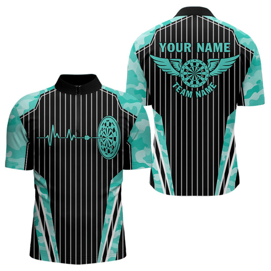 Individuelles Türkis Camo Dartboard Puls Herzschlag Viertelreißverschluss Herren Shirt, Lustige Wings Dart Trikot TDM3618