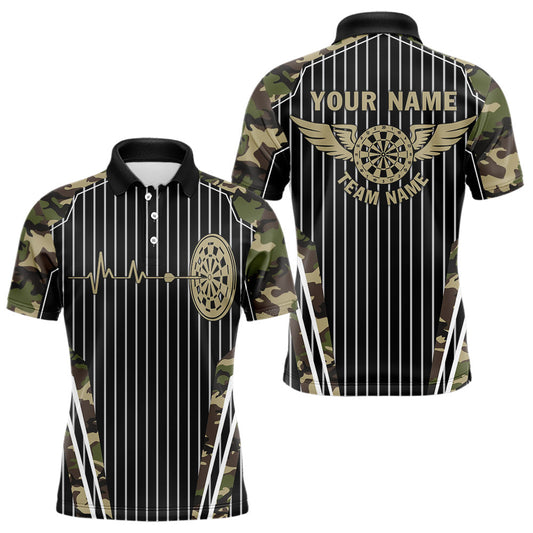 Individuelles grünes Tarn-Dartbrett-Herzschlag-Poloshirt für Herren, witziges Flügel-Darttrikot TDM3619
