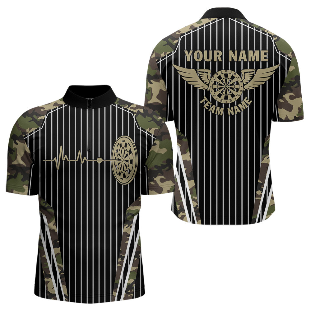 Individuelles Grüne Camo Dartboard Puls Herzschlag Viertelreißverschluss Herren Shirt, Lustige Wings Dart Trikot TDM3619