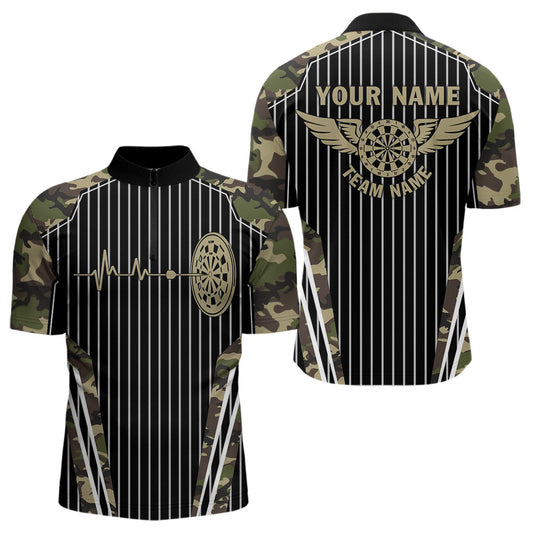 Individuelles Grüne Camo Dartboard Puls Herzschlag Viertelreißverschluss Herren Shirt, Lustige Wings Dart Trikot TDM3619