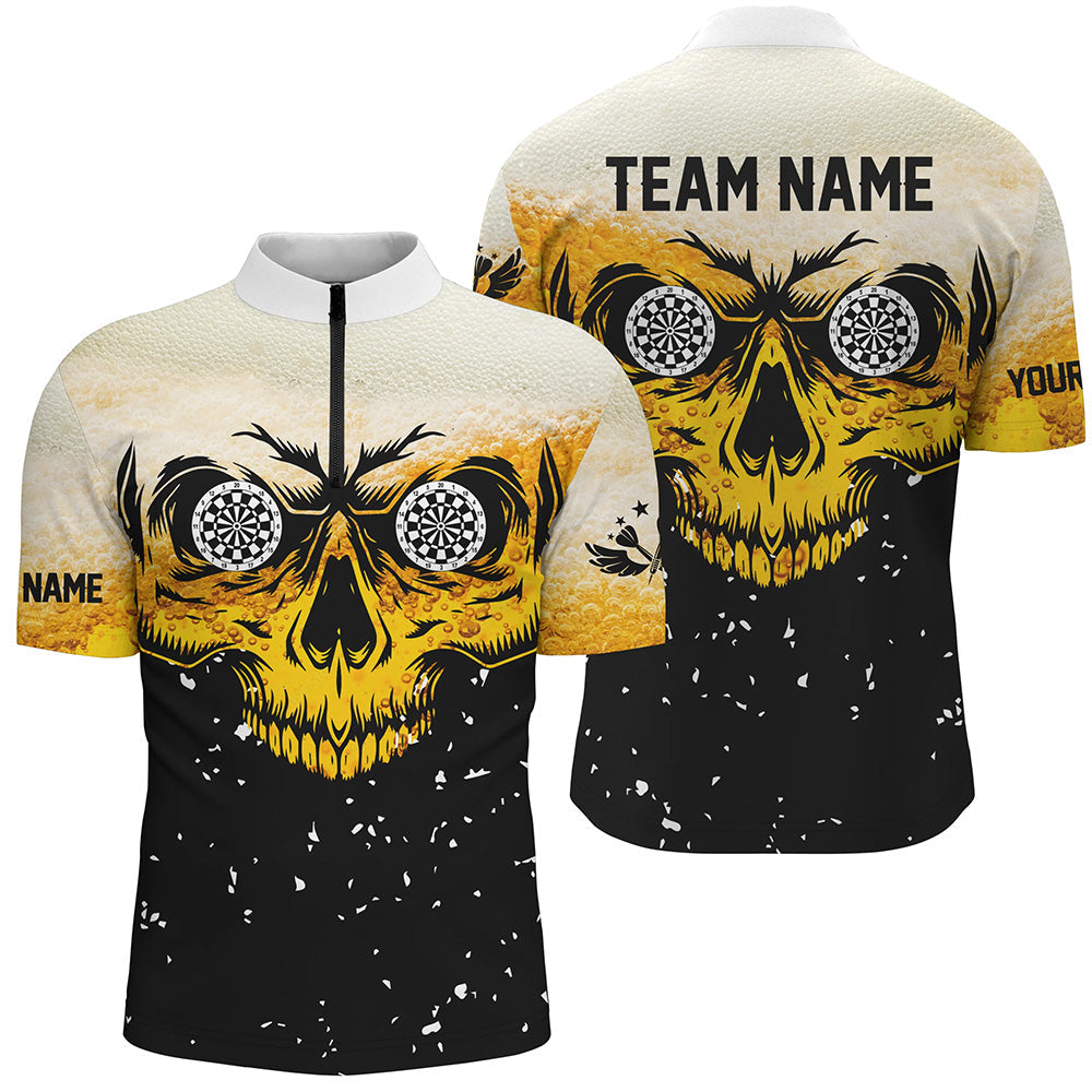 Grunge Gelb Schwarz Totenkopf Dart Herren Shirt mit Viertelreißverschluss, Dart Team Liga Shirt TDM1514