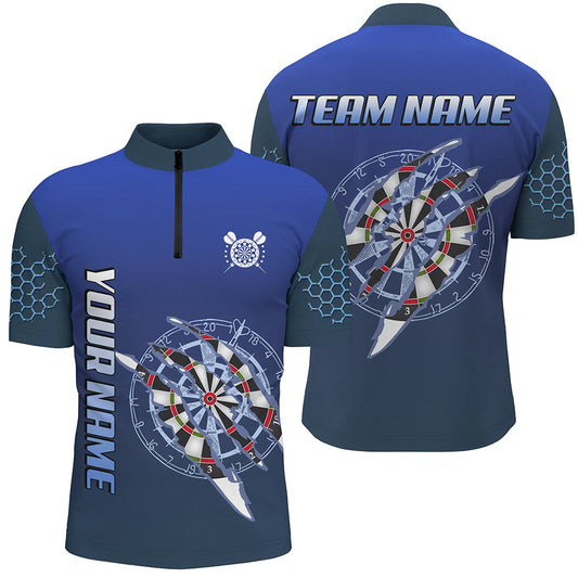 Blaues Darts Turnier Herren Shirt mit Viertelreißverschluss, Individuelles Dart Shirt, Dart Team Trikots TDM3301