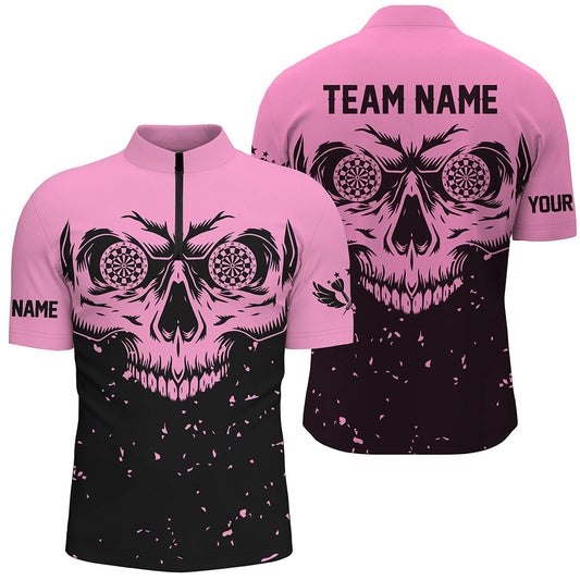 Grunge Pink Schwarzes Totenschädel Herren Shirt mit Viertelreißverschluss, Dart Team Liga Trikot TDM1887