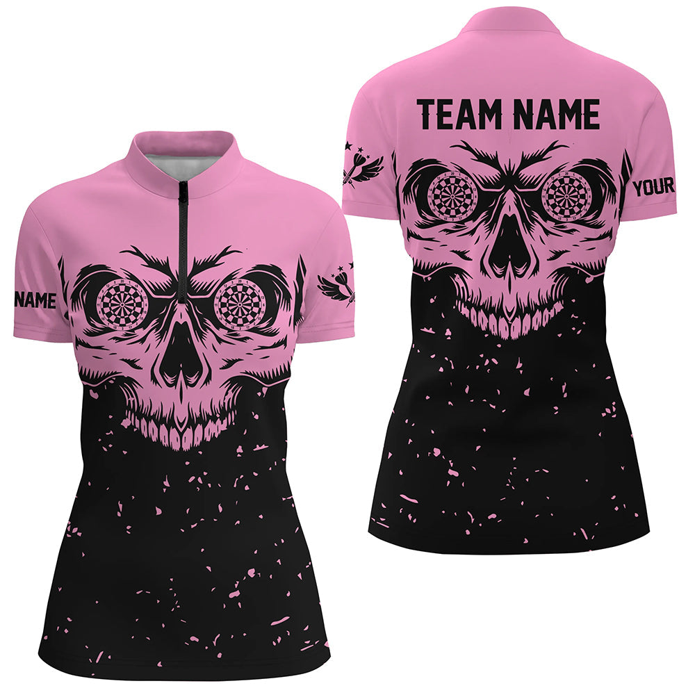 Individuelle Grunge Pink Schwarz Totenkopf Damen Quarter Zip Shirt, Dart Trikot Team Liga TDM1887