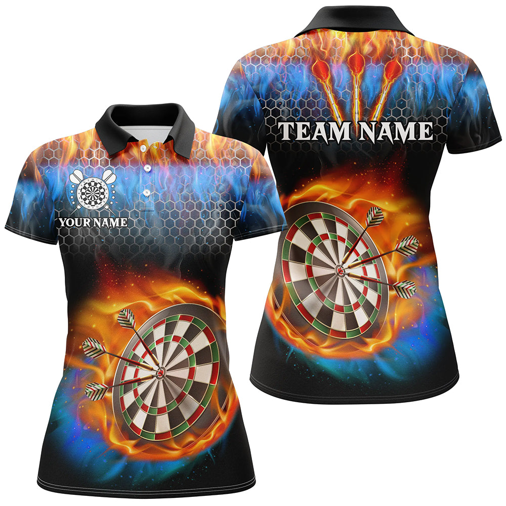 Individuelles Dart Board Wasser und Feuer Bedrucktes Dart Poloshirt für Damen, Dart Trikot mit Tasche TDM3063