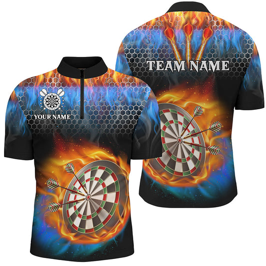 Individuelles Darts Board Wasser und Feuer Gedruckt Dart Herren Shirt mit Viertelreißverschluss, Dart Trikot mit Tasche TDM3063