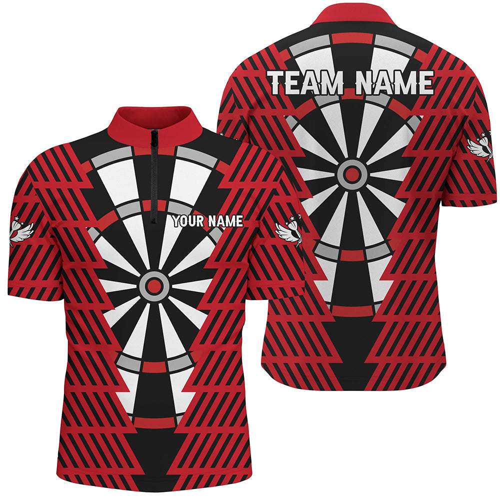 Auffälliges Schwarz und Rot Dartboard Individuelles Darts Herren Shirt mit Viertelreißverschluss, Dart Trikots TDM3312